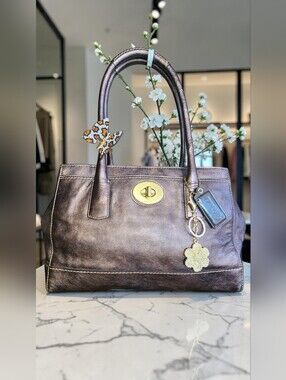 Coach Madeline Multi-Pocket Metallic Bronze Leather Satchel with Gold Hardware